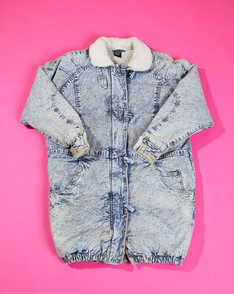 80s Acid Wash Long Denim Trench Coat